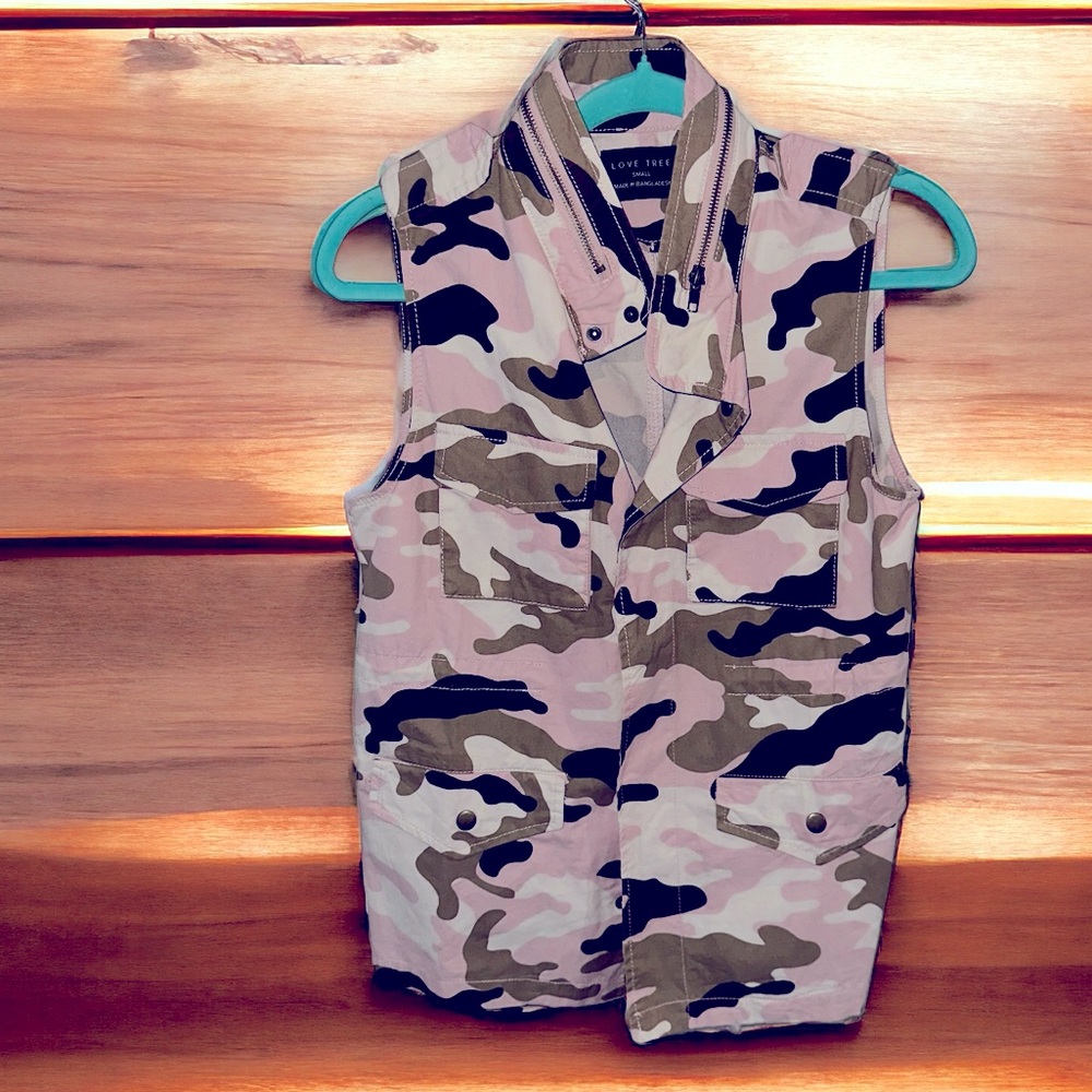 Love Tree Pink Camo Camouflage Button Up Military Style Vest Womens Small - Picture 2 of 9